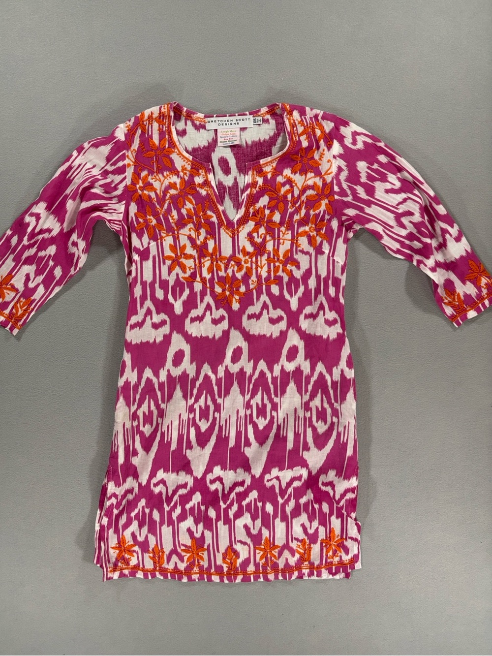 Gretchen Scott tunic Dress with Pink Ikat & Orange Embroidery XS has pockets